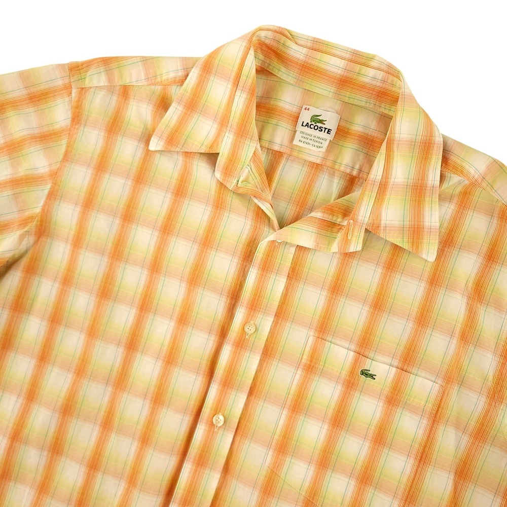 Lacoste Shirt Mens 44 Orange Plaid Short Sleeve Button Up Cotton Casual
